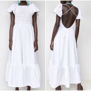 ENTRO Anthropologie Cotton Crochet Dress White Sz Large Open Back Beach Sundress